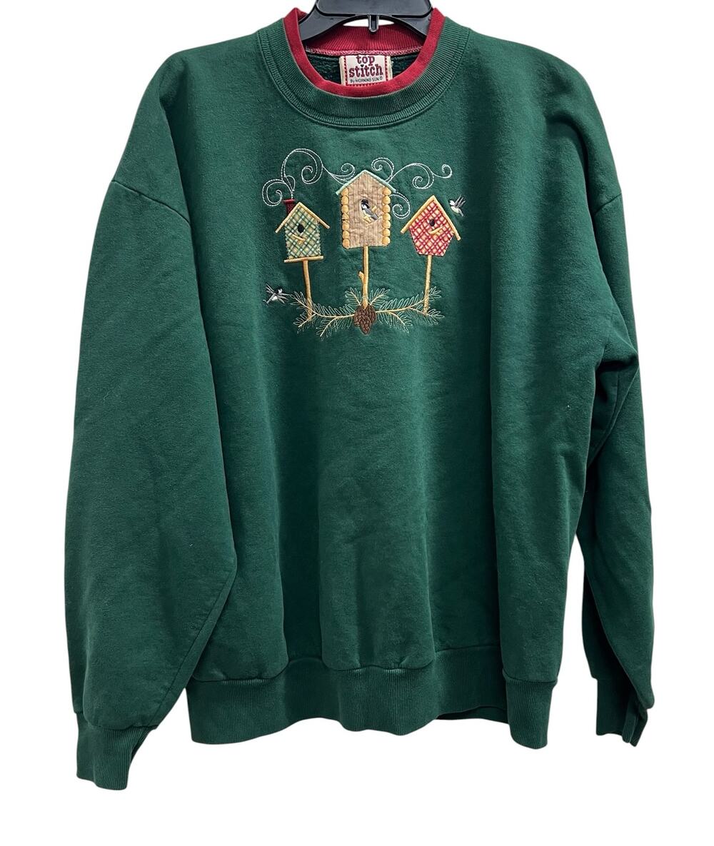 Top Stitch by Morning Sun birdhouse embroidered green VTG sweatshirt Plus SZ 1X